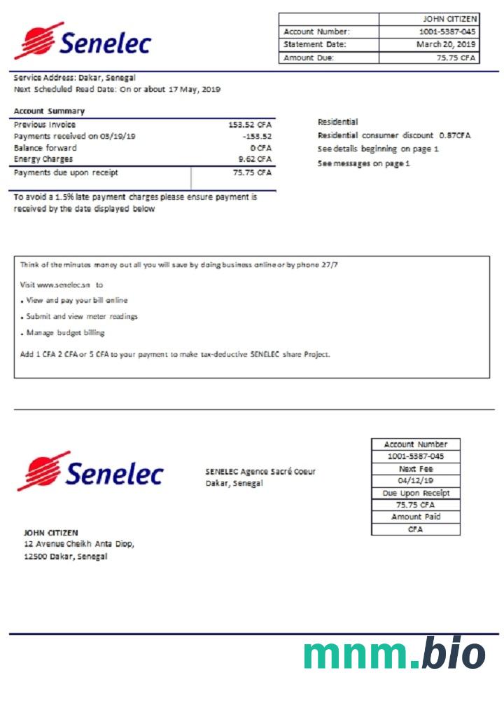 Senegal Senelec Agence Sacré Coeur Firma szablon rachunku za energię elektryczną w formacie Word i PDF